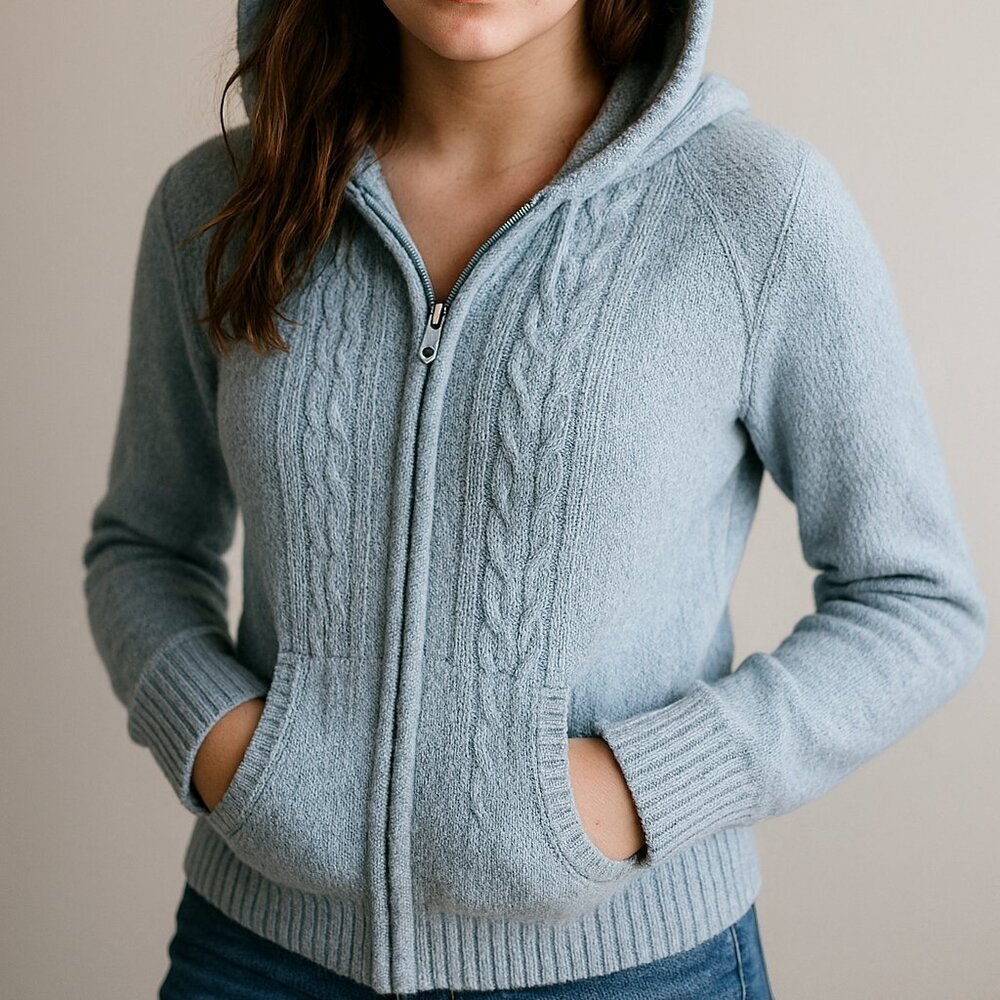 Today Jordache Hoodie Sweater Cable Design Full Zip Long Sleeves Light Blue Size